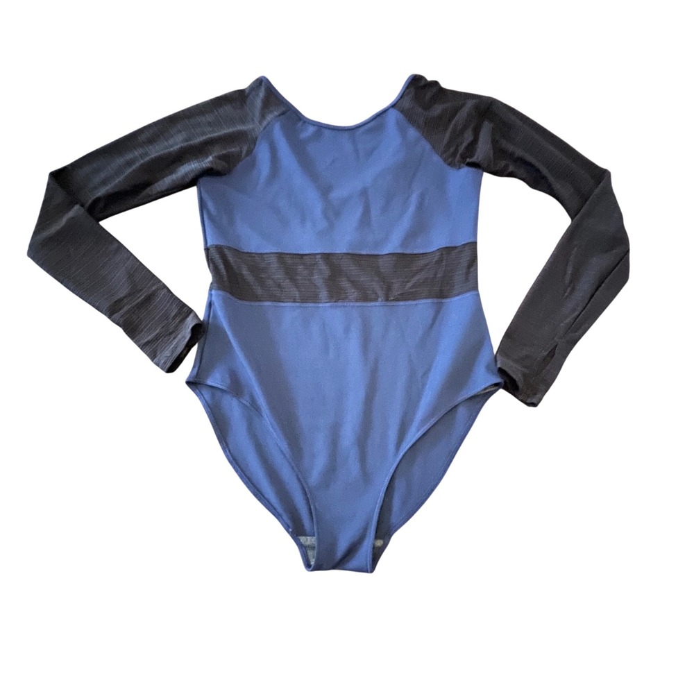 Ivy Park Womens Navy Blue Black Mesh Long Sleeve Bodysuit Thumbholes Size M